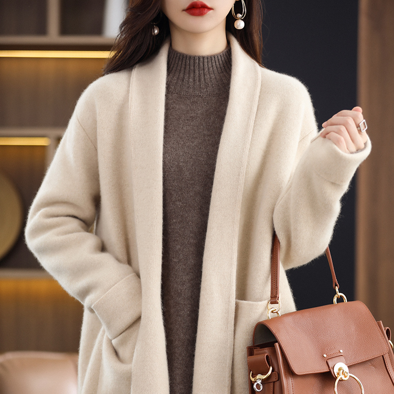Heavy-Duty, Lazy Style, Mid-Length, Thick Cashmere Coat for Women, Autumn and Winter Knitted Cardigan, Tie-Up Sweater Shawl