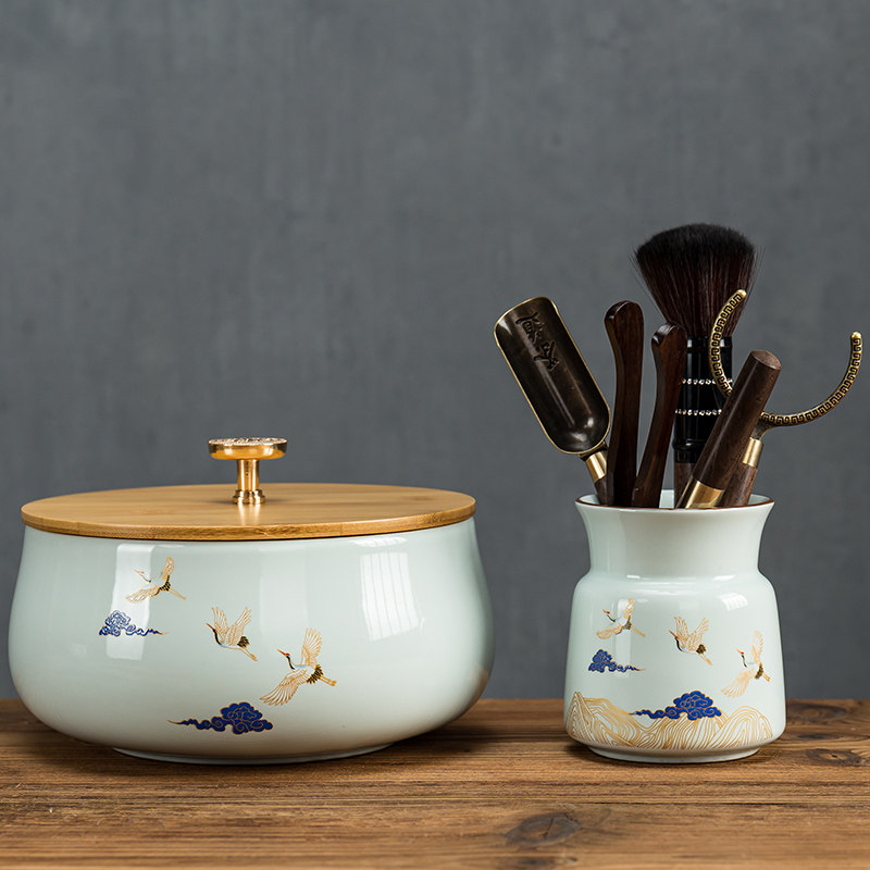 Tea wash large size with bamboo cover pen wash water pan, water washing ceramic tea leaves tank, kungfu tea set accessories, tea ceremony accessories