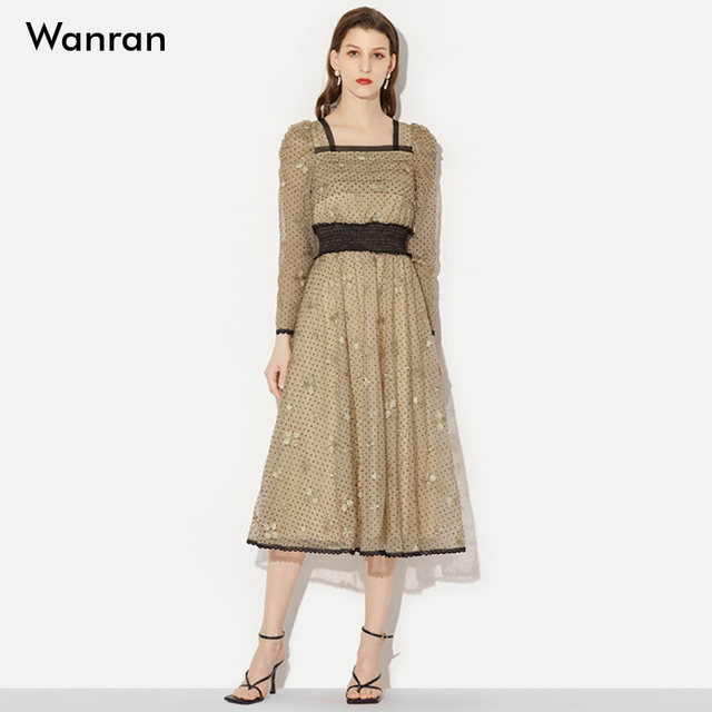 2024 ພາກຮຽນ spring ໃຫມ່ຝຣັ່ງ Retro Mesh Polka Dot Skirt ຍາວ Waist Swing Dress Square Neck Design Skirt