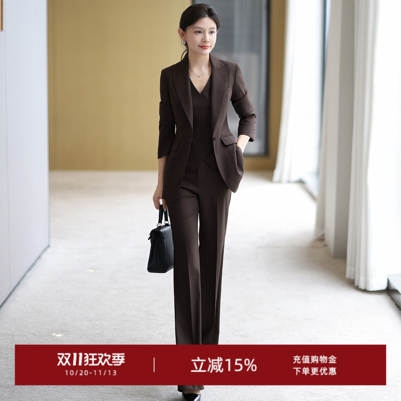 Autumn and Winter Melard Brown Suit Set for Women, High-End Professional Temperament, High Intelligence, Commuting Vest, Straight-Leg Pants Three-Piece Set Autumn and Winter Melard Brown Suit Set for Women, High-End Professional Temperament, High Intelligence, Commuting Vest, Straight-Leg Pants Three-Piece Set