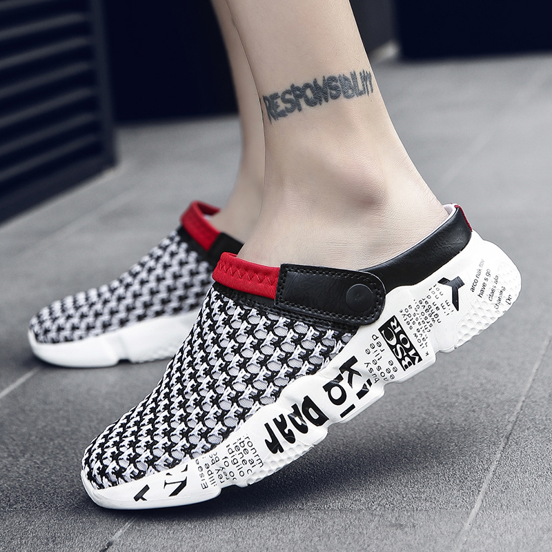 Summer new trend Korean version of outdoor beach hole mesh shoes men's outer wear sandals men's non-slip soft bottom half slippers