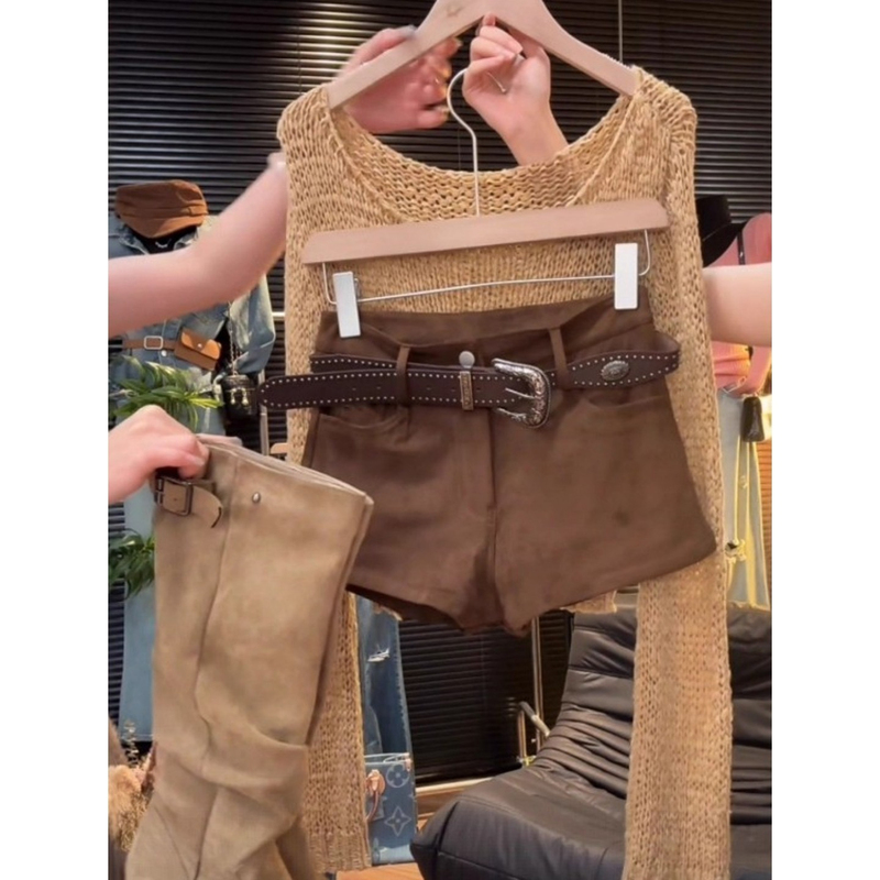 Plus-Size Melard Brown Suede Shorts for Women, New Spring Style, American Style, Casual A-Line Boot Shorts with Waist Bag