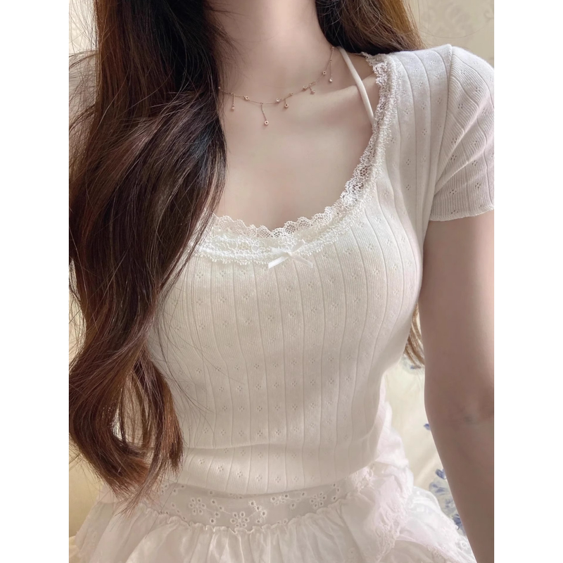 Plus-Size Pure Desire Lace Trim Bow Short-Sleeve T-Shirt for Women, Spring 2026, Hot Girl Ruched Slim-Fit Short Top