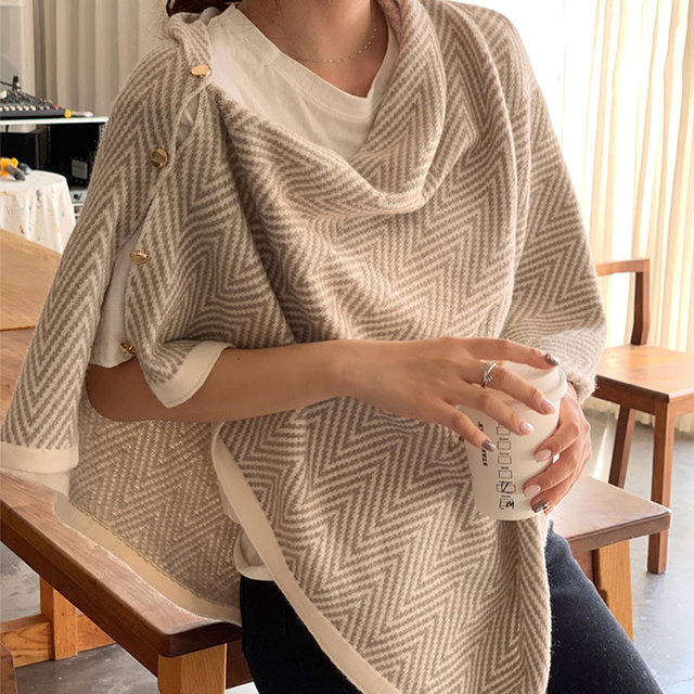 Knitted buckle shawl dual-purpose women's outer wear Korean version all-match air-conditioned room warm neck protection cape jacket cloak autumn and winter