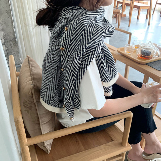 Knitted buckle shawl dual-purpose women's outer wear Korean version all-match air-conditioned room warm neck protection cape jacket cloak autumn and winter