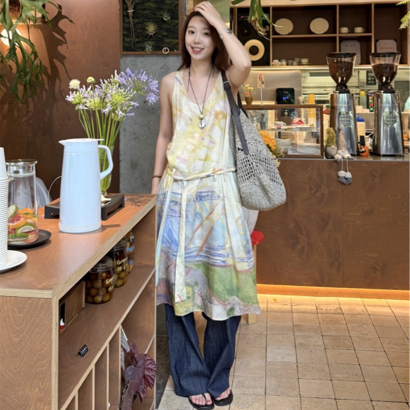 Oil Painting Landscape Print French-Style Summer Vintage Print Series Dress U-Neck Tie-Up Straight Dress