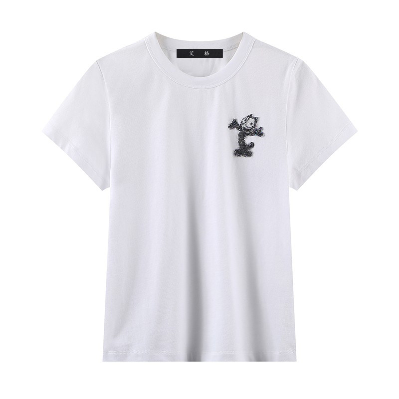 Lashabel 2023 summer new round-collar cartoon embroidered short sleeve T-shirt casual cotton blouse
