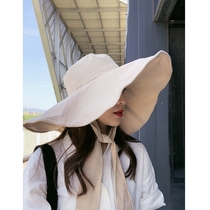 Holiday style oversized brim fisherman hat double strap design Korean sun hat female sunscreen face cover hat female summer