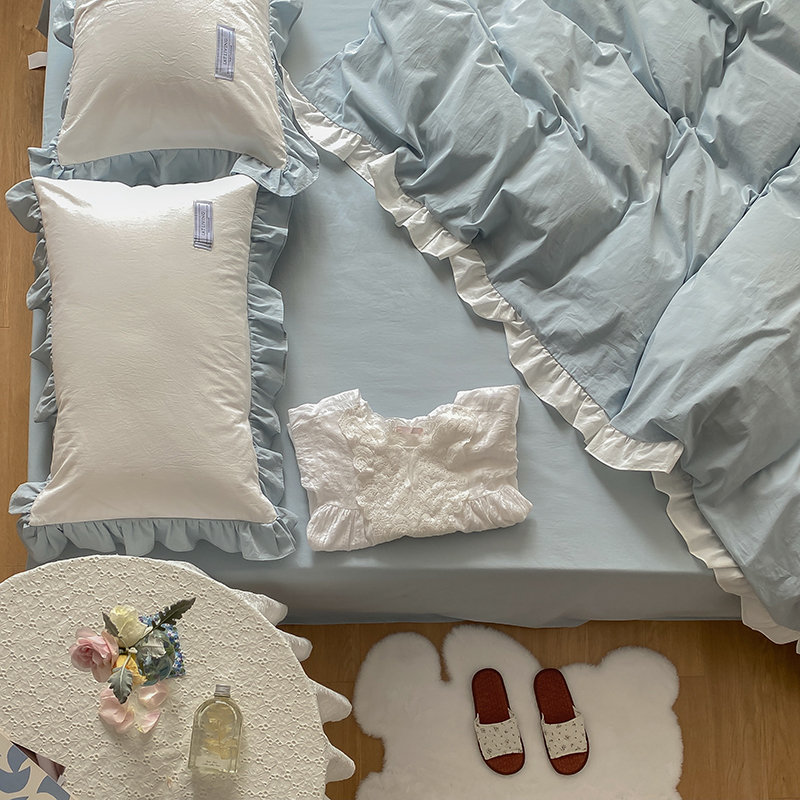 Cream girl heart hit color washed cotton four-piece cotton princess lace Korean-style cotton ins bedding