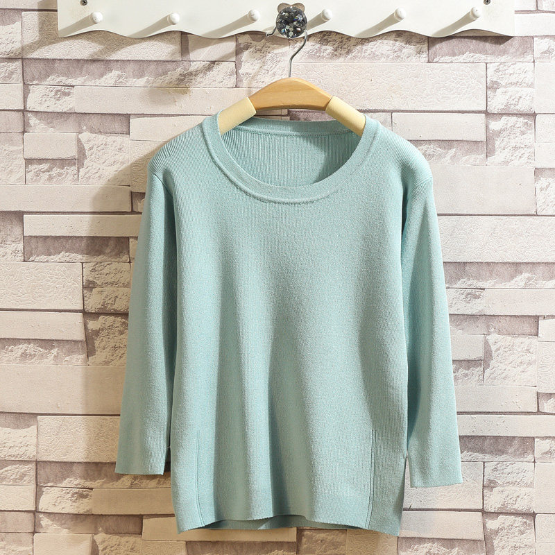 Autumn 2020 women's ice silk knitted bottoming shirt women's three-quarter sleeves low round neck super hot T-shirt slim fit all-match top