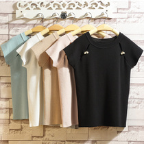 Thin sheet of ice silk knit cardiovert woman short sleeve T-shirt low round neckline head lady 100 hitch undershirt black loose blouse