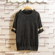 Thin ice silk knit cardiovert woman short sleeve T-shirt low round neckline head lady bright silk undershirt black loose blouse