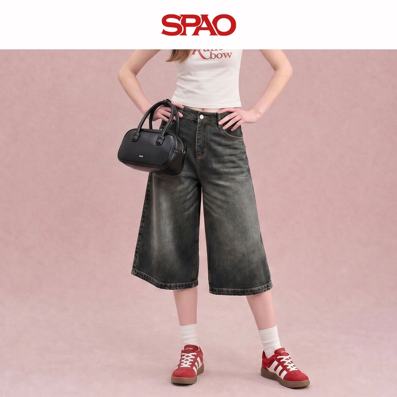 Spao Retro Black and Gray Gradient Cropped Wide-Leg Jeans for Women, New Summer Style, Drapey, Slimming, Loose-Fitting Cropped Pants Mh
