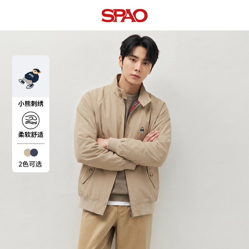 Spao Clothing Group Korean Bear Khaki Plaid Patchwork Jacket Men's Spring and Autumn Harrington Stand Collar Jacket a