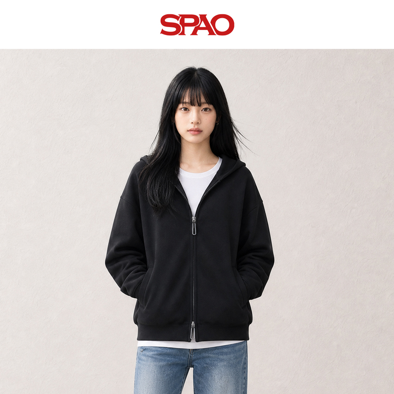 Spao Korean-Style Black Basic Hooded Zipper Sweatshirt for Women, New Autumn Loose-Fitting Drop-Shoulder Casual Cardigan Jacket Mh Spao Korean-Style Black Basic Hooded Zipper Sweatshirt for Women, New Autumn Loose-Fitting Drop-Shoulder Casual Cardigan Jacket Mh