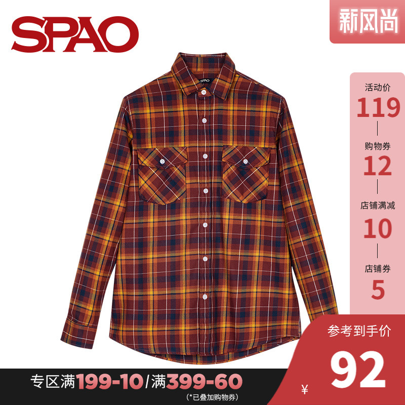SPAO men's check flannel long-sleeved shirt autumn new fashion Korean casual SPYC949P01