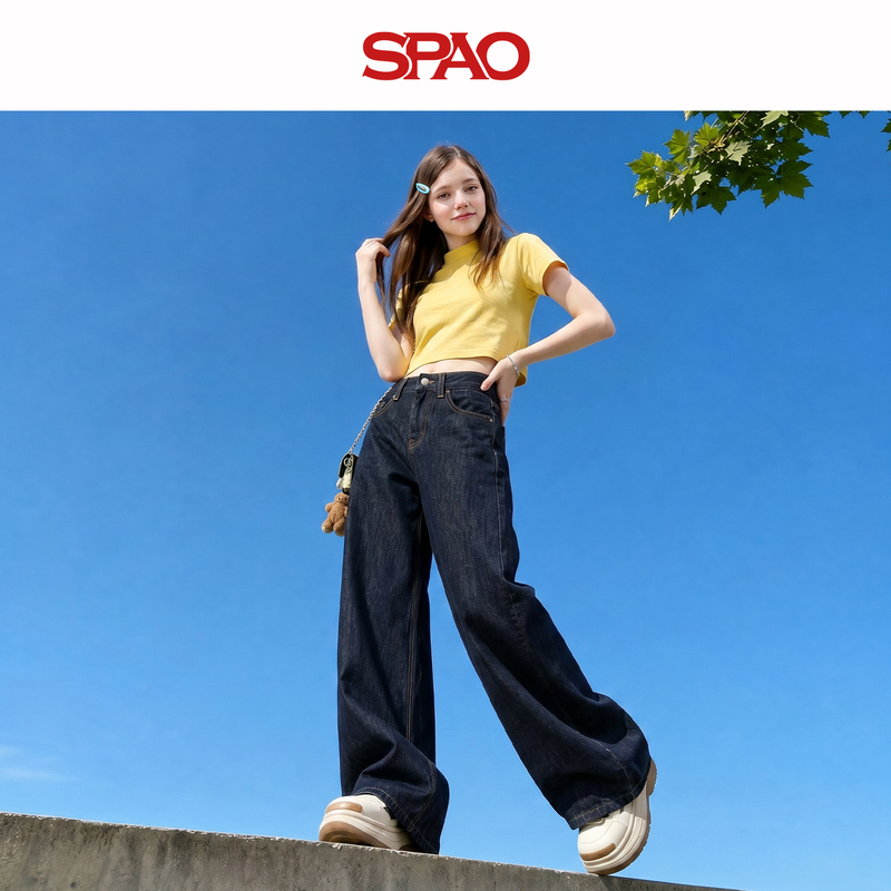 Spao Dark Blue Lyocell Tencel Wide-Leg Jeans for Women 2026 New Summer Thin Loose Straight Pants Mh