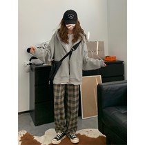 viiwen Autumn and Winter Limited Color is only every year when blue brown grid straight tube casual pants are thin