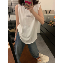 viiwen American lazy casual boy round the loose white and thin letter vest