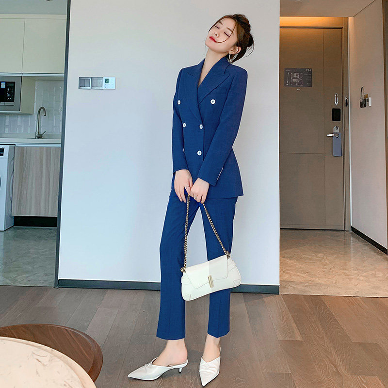 European station blue small suit suit female spring and autumn high-end big brand popular slim ladies suit two-piece new style