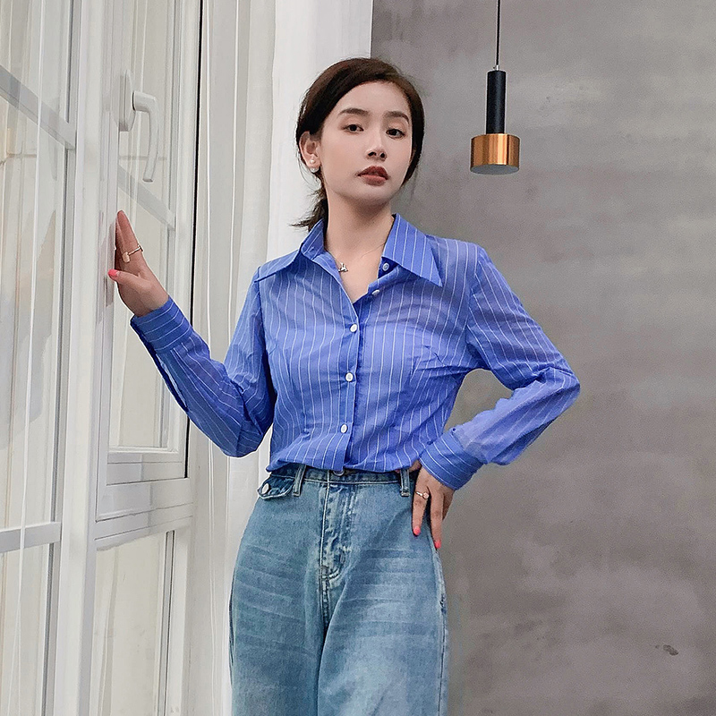 Blue Striped Shirt Woman Retro Port Taste 2022 Early Spring Autumn New Outwear Blouse Style Superior Feel Shirt