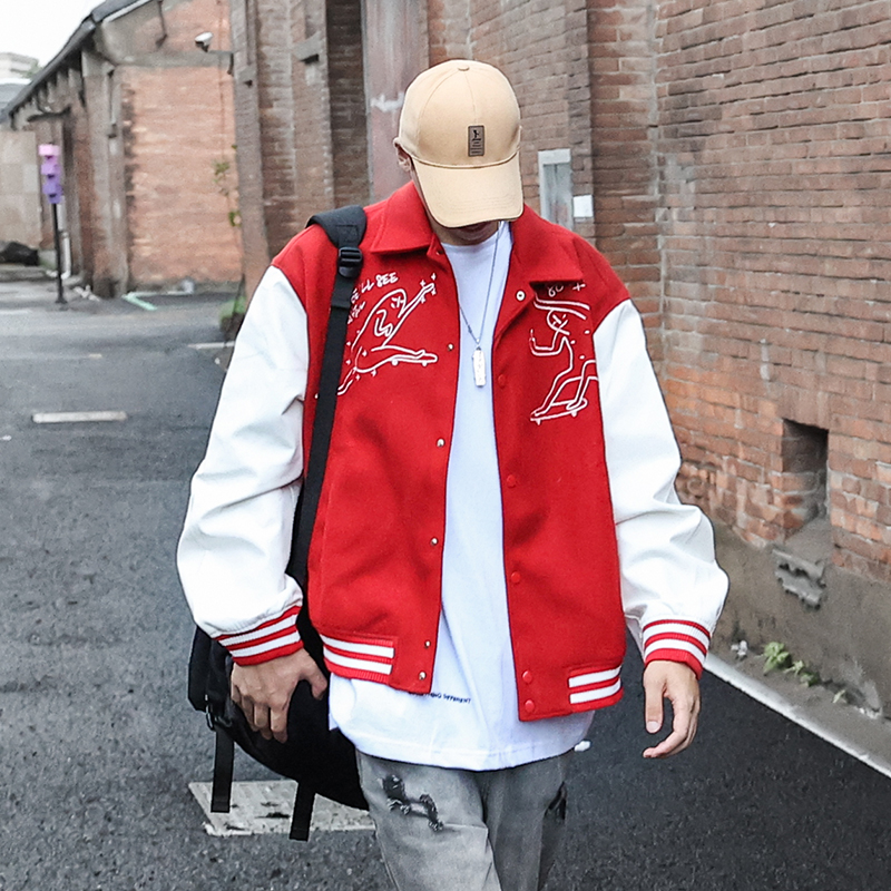 Autumn new lapel jacket men and women couple tide brand retro letter embroidery woolen loose casual long-sleeved jacket