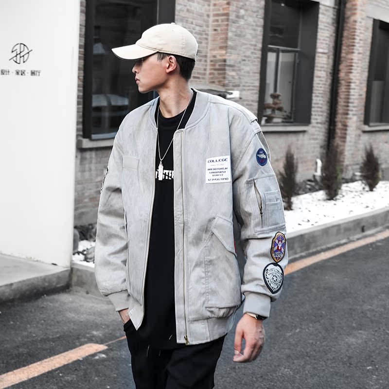 Autumn new baseball uniform men's trendy brand loose label pocket casual American MA1 air force solid color jacket jacket