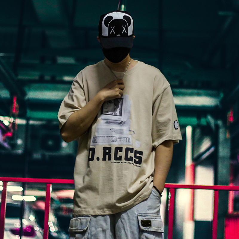 A8 Highway 2021 Summer New Retro Computer Printing Half Sleeve T Trend Loose Crewneck Cotton T-Shirt Men's Short Sleeve