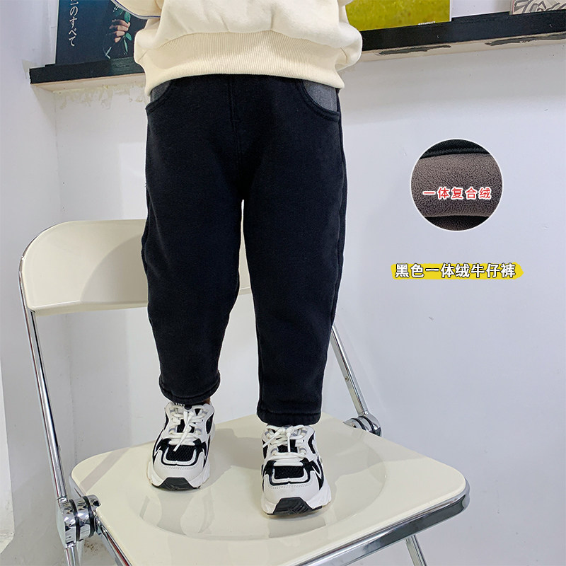 Cute boys' fleece thickened jeans 2020 winter new trendy children's clothing loose trousers children's pants