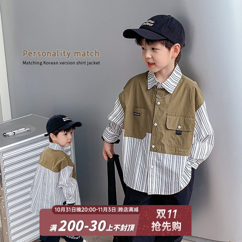 Cute for children's clothing children shirt boy handsome young boy handsome Japanese striped splicing fake two loose boy shirt tide-Taobao