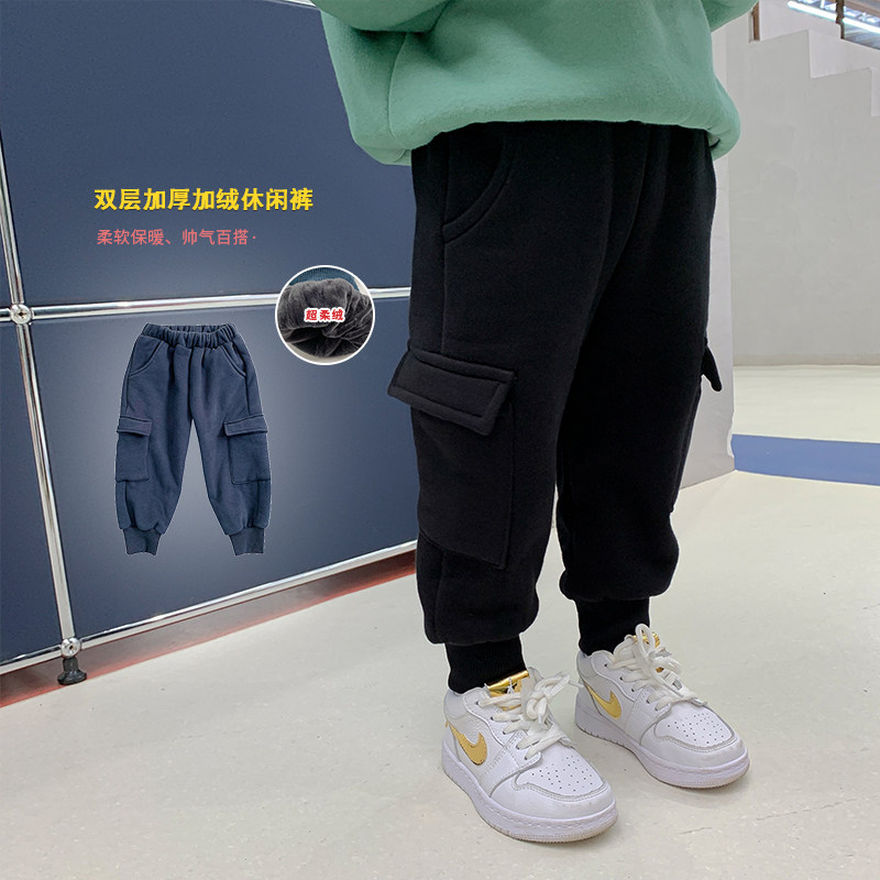 Boys' casual sports overalls 2020 new autumn and winter clothing children's plus velvet thick warm trousers baby pants