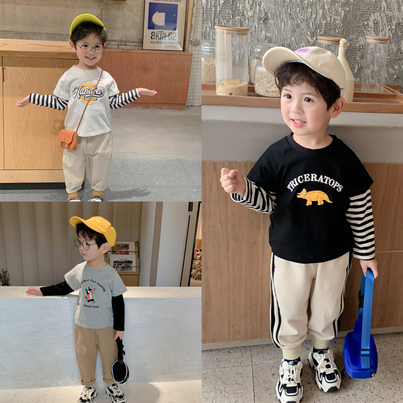 Male baby spring jacket 2021 Boy Long sleeves T-shirt 2020 Chunqiu New children striped fake two T-shirts