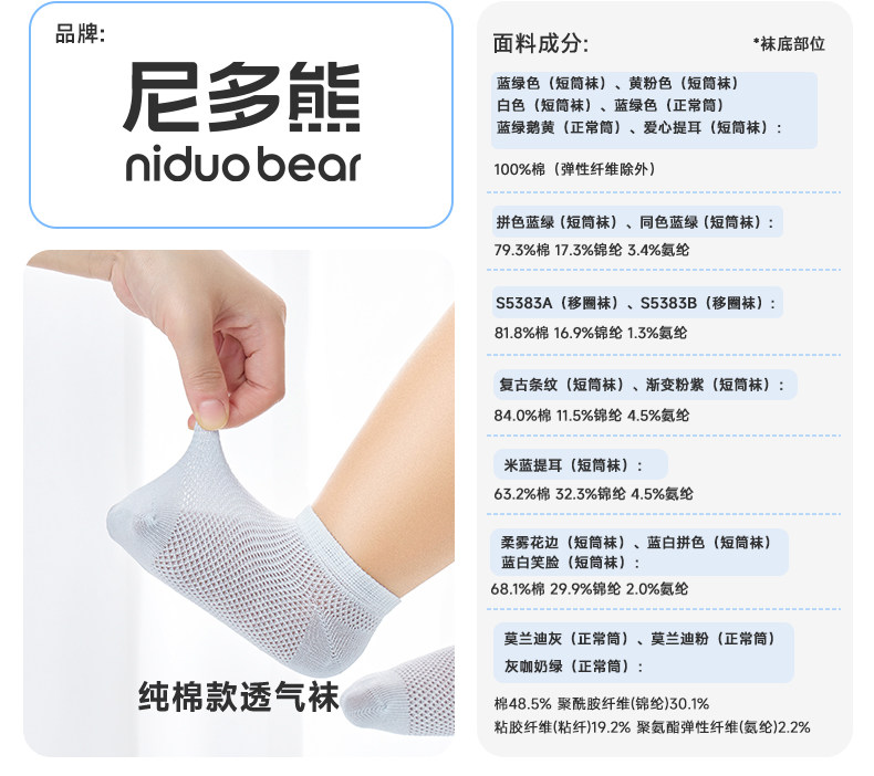 尼多熊婴儿纯棉袜子夏季薄款a类儿童船袜宝宝男童短袜透气女网眼 — 21
