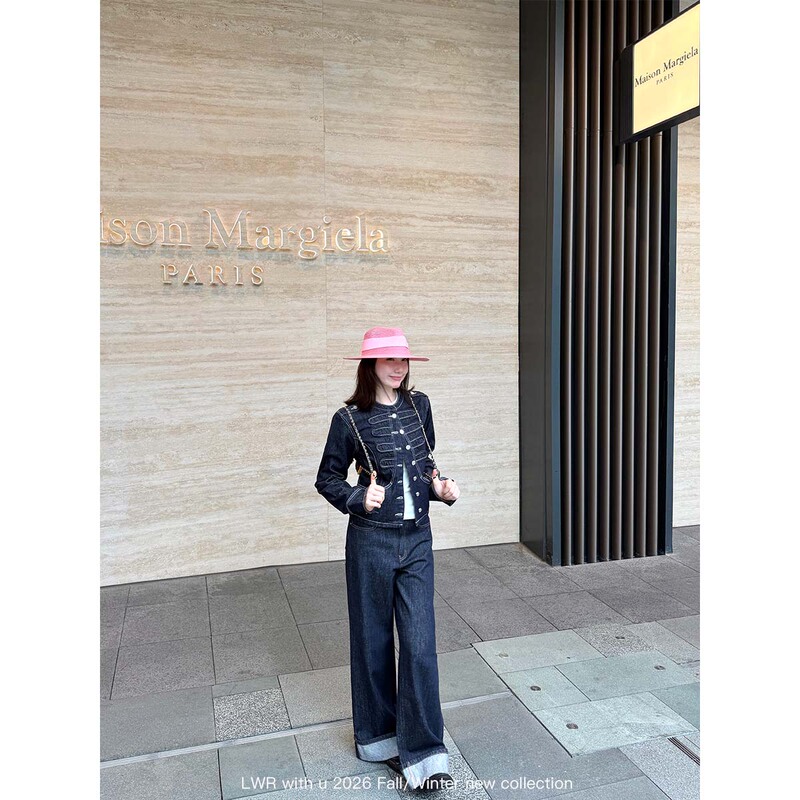 Lwr with U Proportion-Saving Savior, Back Waistband Cuffed Raw Denim Straight-Leg Wide-Leg Pants with Contrasting Color Topstitching Denim Trousers