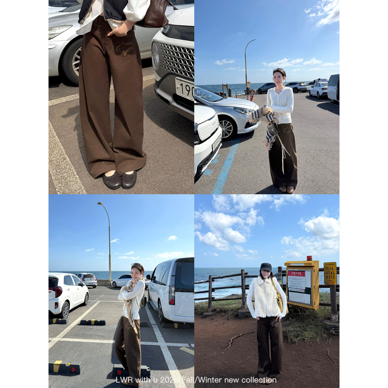 Lwr with U Maillard Zone Retro Coffee-Colored Loose Curved Hem Pants with Pocket Embroidery Casual Pants for Women