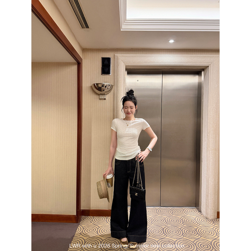 Lwr with U Original Denim Style Retro Original Denim Color Versatile Slimming Flared Pants with Contrasting Color Stitching Denim Trousers