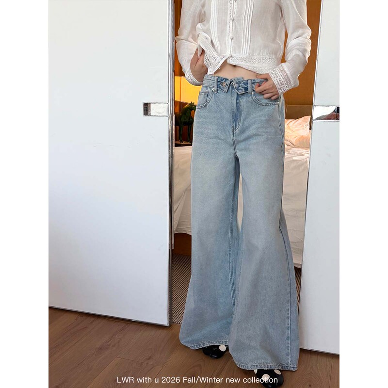 Lwr with U Fold-Over Hippie Style Cuffed Straight Wide-Leg Pants Vintage Washed Blue Denim Long Pants for Women Lwr with U Fold-Over Hippie Style Cuffed Straight Wide-Leg Pants Vintage Washed Blue Denim Long Pants for Women