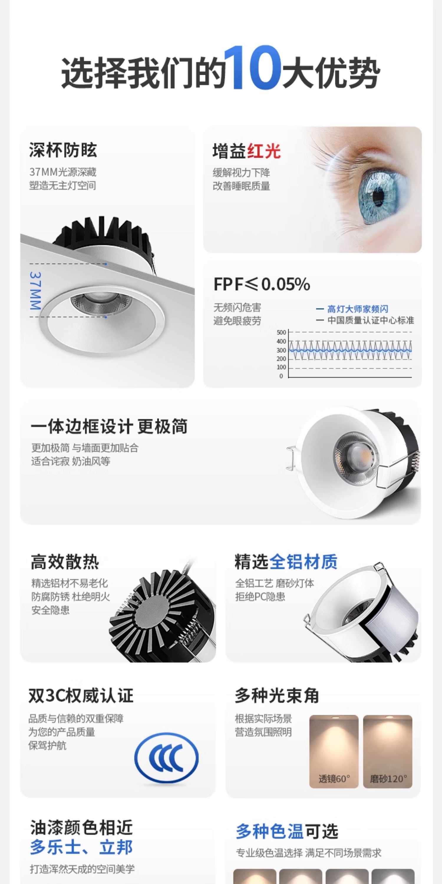 无主灯透镜筒灯嵌入式75mm深杯防眩开孔55护眼led天花灯客厅吊顶 图文详情 5