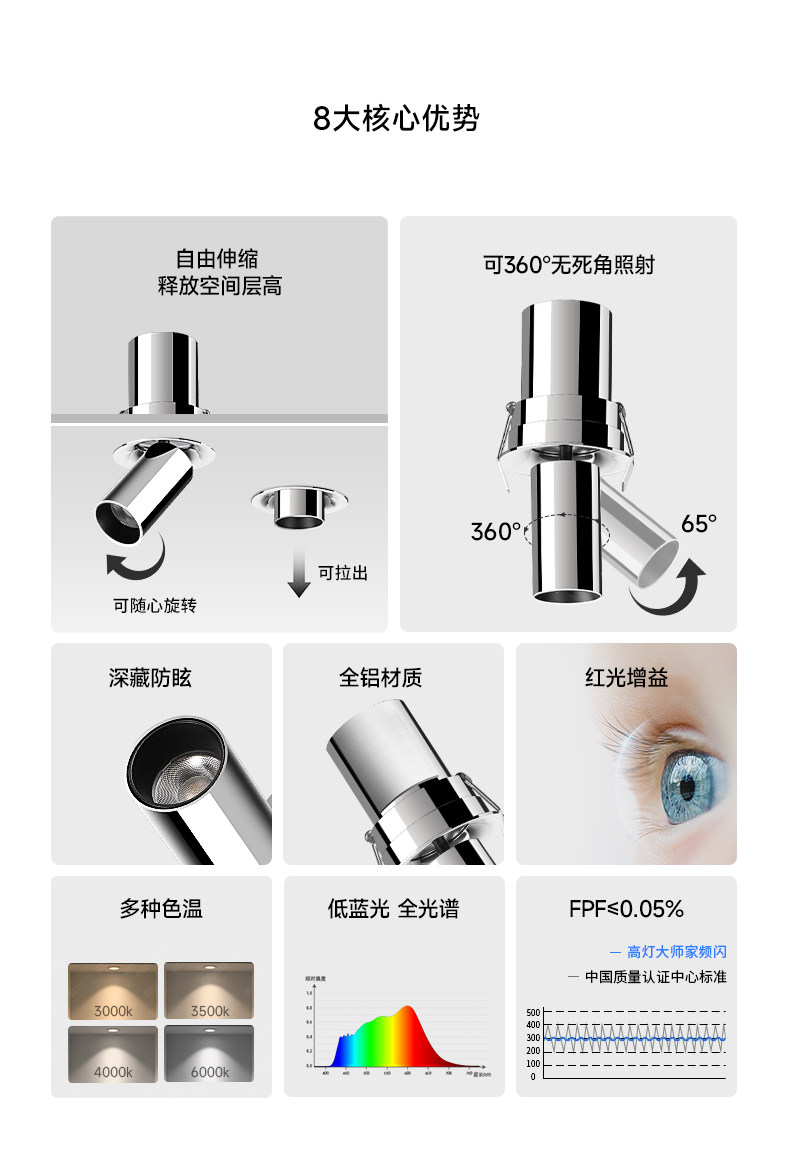 可拉伸不锈钢射灯嵌入式包豪斯银色可调角度伸缩折叠中古客厅智能 图文详情 7