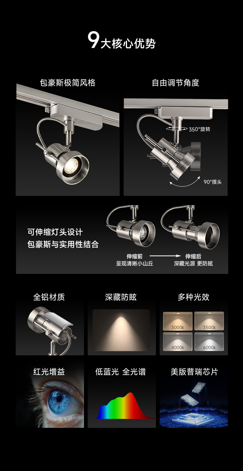明装不锈钢轨道灯包豪斯轨道射灯客厅防眩银色中古工业照画洗墙灯 图文详情 7