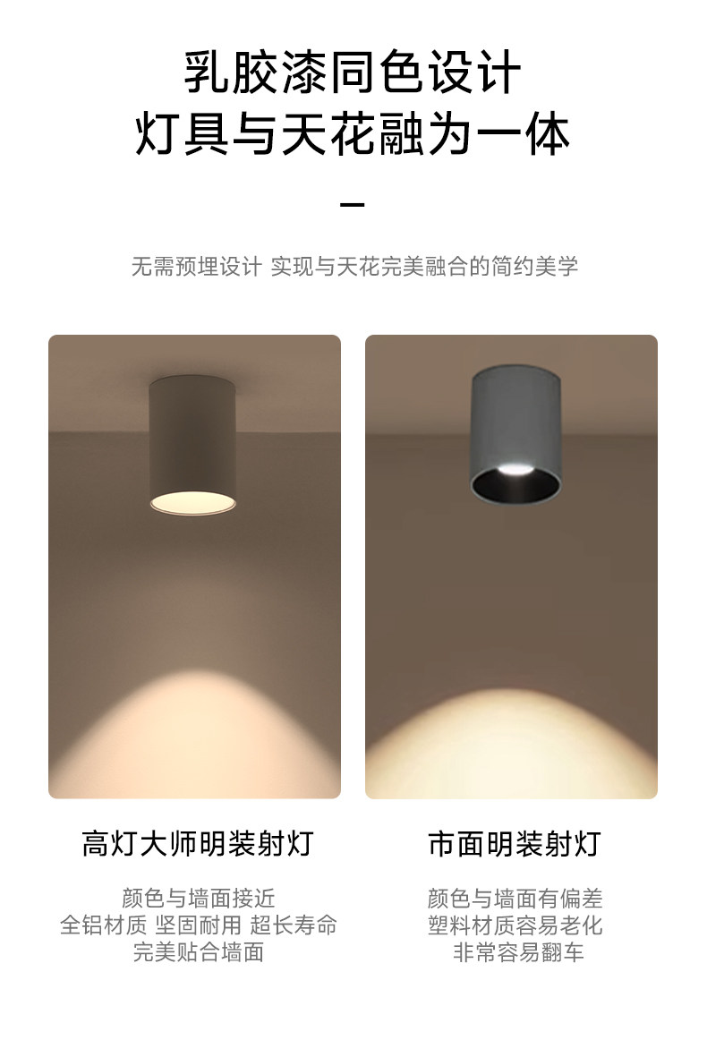 可可蛋奶明装筒灯射灯免开孔吸顶灯乳胶漆同色奶油中古客厅无主灯 图文详情 4