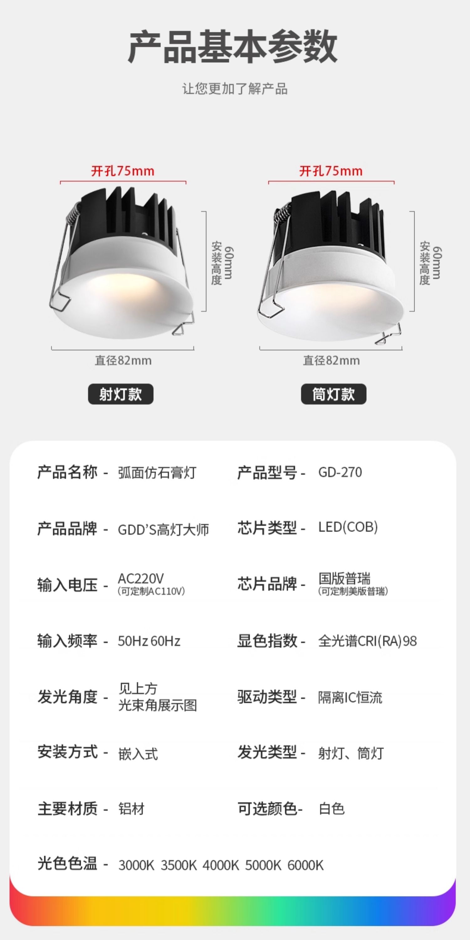 无边框筒灯嵌入式75mm孔灯家用防眩超薄射灯全光谱客厅智能无主灯 图文详情 22
