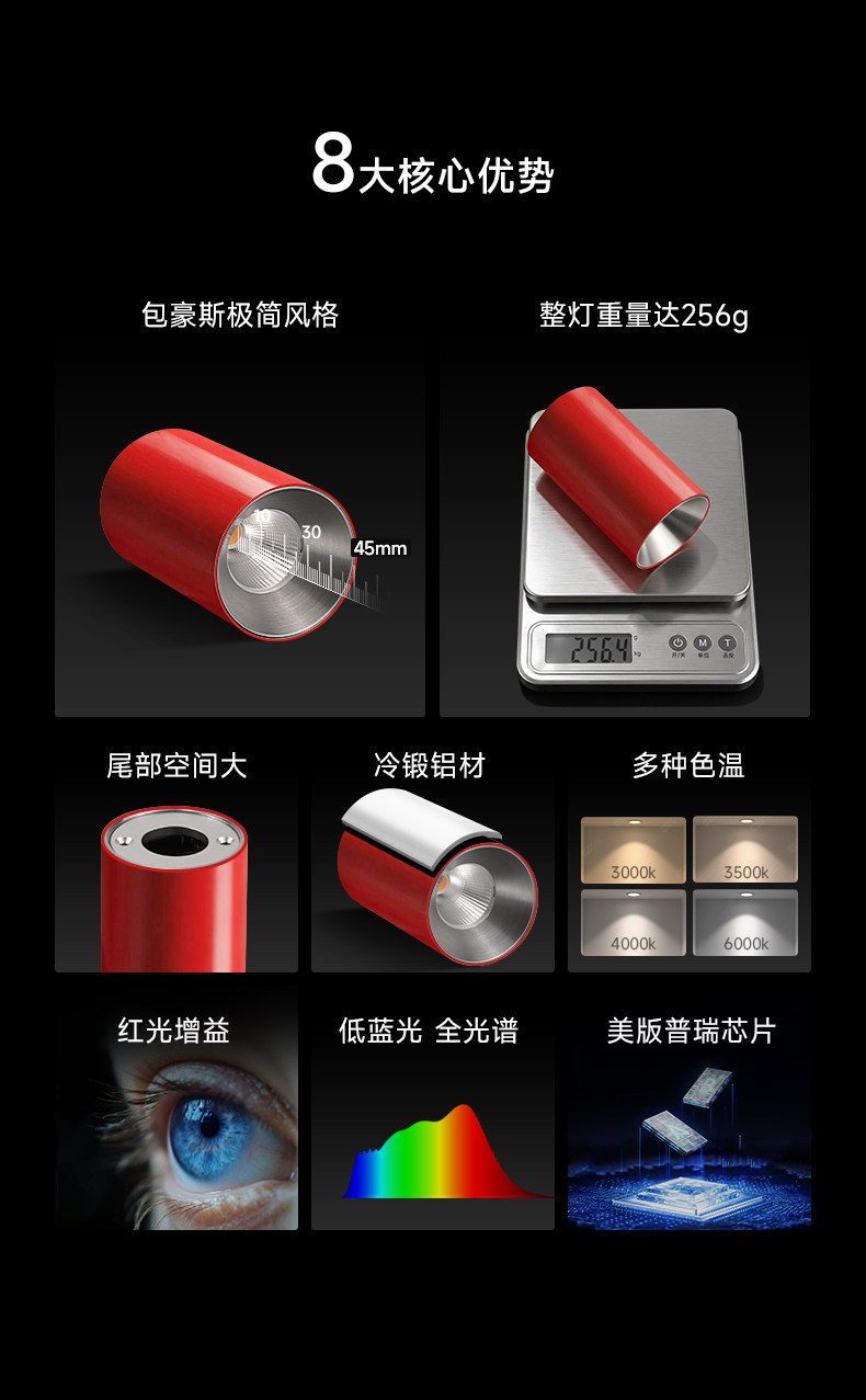 包豪斯明装射灯红色不锈钢孟菲斯客厅多巴胺卧室工业深防眩无主灯 图文详情 7