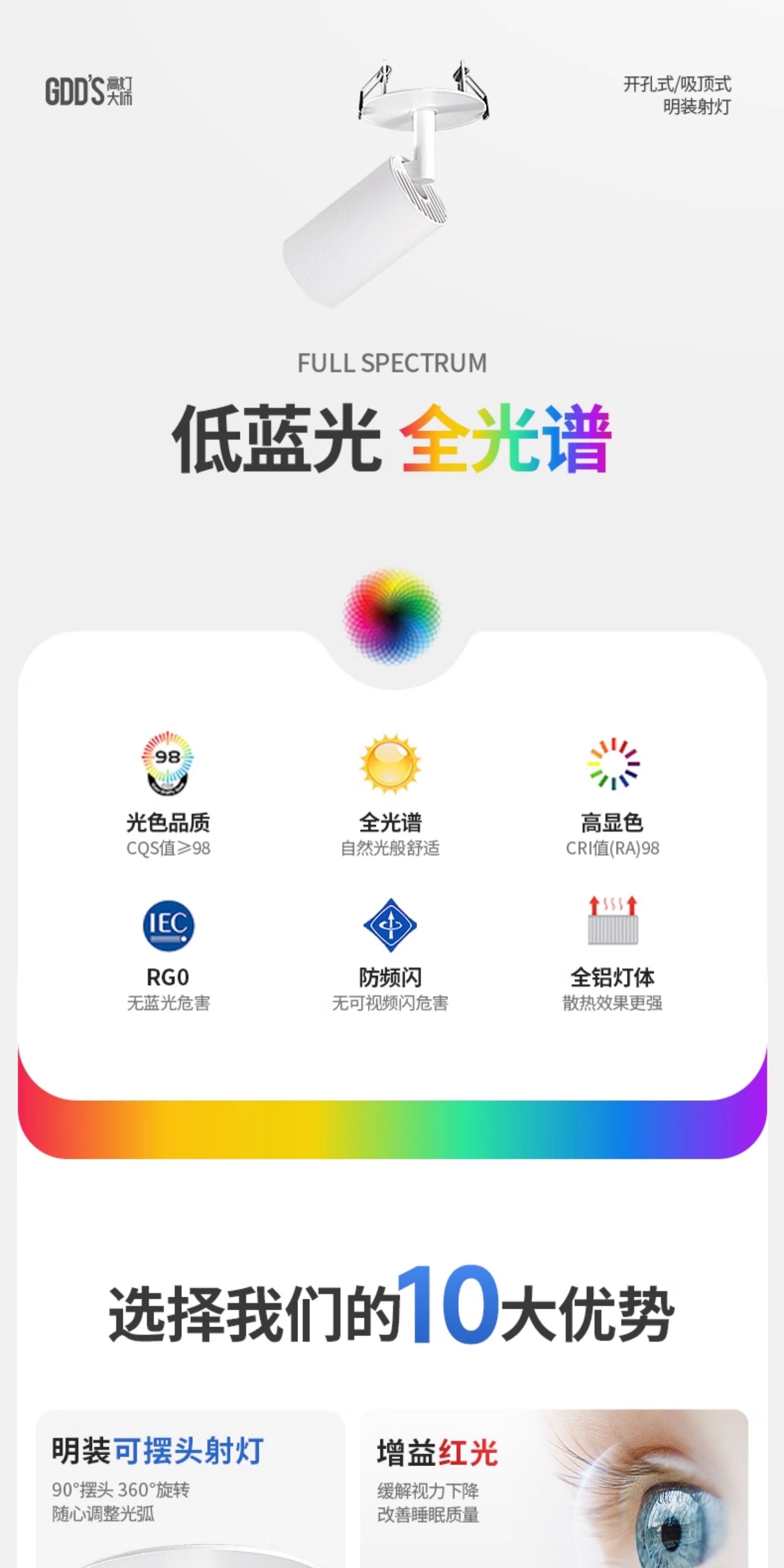 明装射灯吸顶开孔式led天花灯cob轨道灯可调角度床头象鼻灯无主灯 图文详情 4