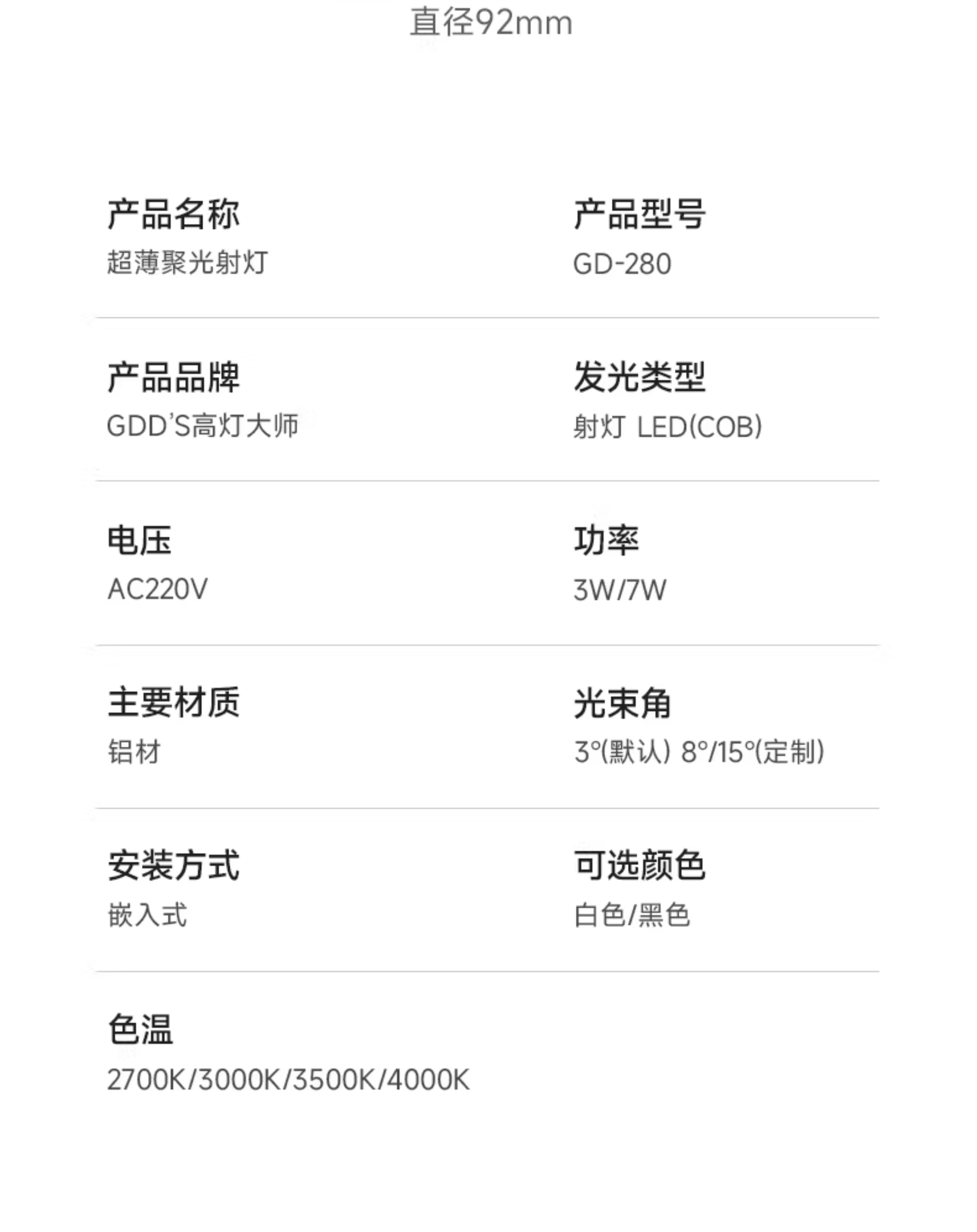 超薄射灯3度小角度射灯45-85开孔led家用嵌入式3W防眩聚光天花灯 图文详情 14
