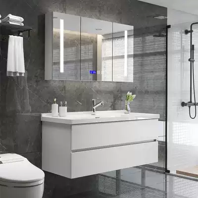 Simple modern bathroom cabinet combination Smart bath cabinet Powder room wash basin solid wood white light luxury wash cabinet