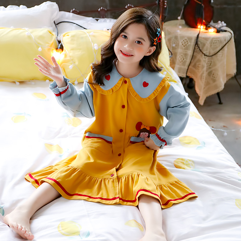 Girls' nightdresses, children's cotton princess pajamas, skirts, big children, little girls, cute and super cute home clothes in spring and autumn