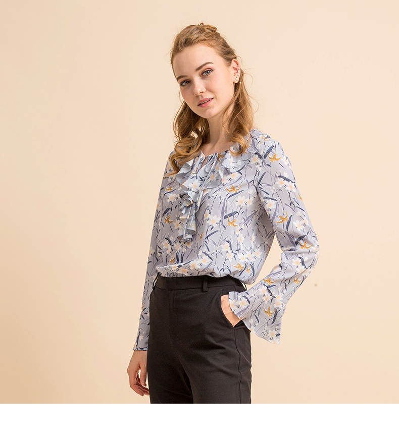 Áo voan nữ 2019 thu đông mới phiên bản Hàn Quốc của áo thun cổ chữ V thắt nơ hoa sen tay dài in hình vest nữ