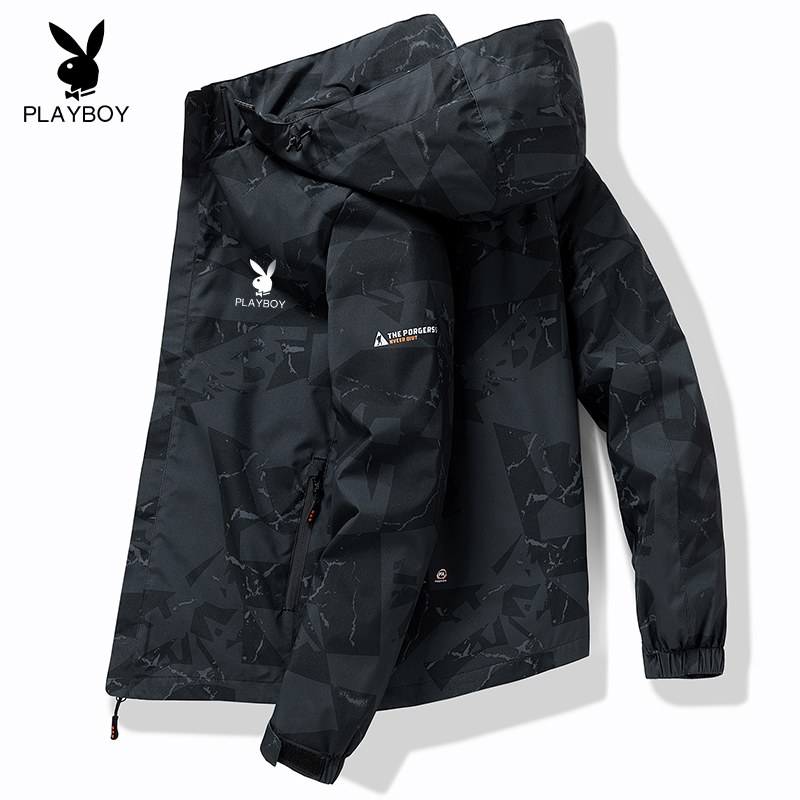 Playboy Windbreaker Jacket for Men, Spring and Autumn Fashion Camouflage Waterproof Jacket, Men's Casual Sports Jacket Trendy