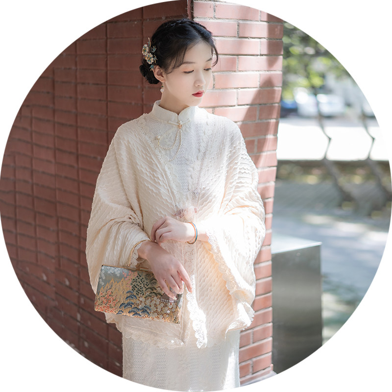 ) Flowers like snow) Retro literary autumn and winter new all-match knitted twist coat shawl cloak long-sleeved cardigan